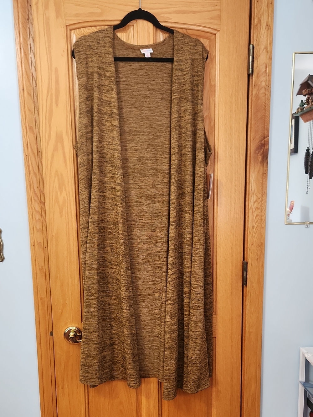 LuLaRoe Long Sleeveless Open-Front Cardigan in Olive Brown Heather
